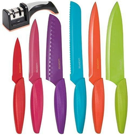 Stainless Steel Kitchen Knife Set  13 Piece - BONUS Sharpener - 6 Knives - Chef, Bread, Carving, Paring, Utility and Santoku Knife - Cutlery Sets - Multicolor by