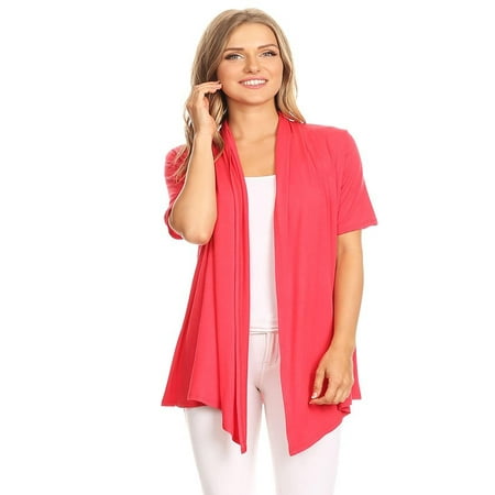 MOA COLLECTION Women's Basic Casual Solid Short Sleeve Open Front Cardigan (S-3X) Made in USA