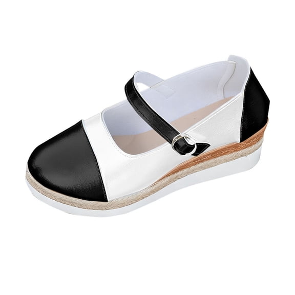 Black Women'S Wedge Heels Casual Slip-On Round Toe Platform Shoes Color Block Ankle Strap Rope Decor Espadrilles Style Non-Slip Summer 0.64Lb