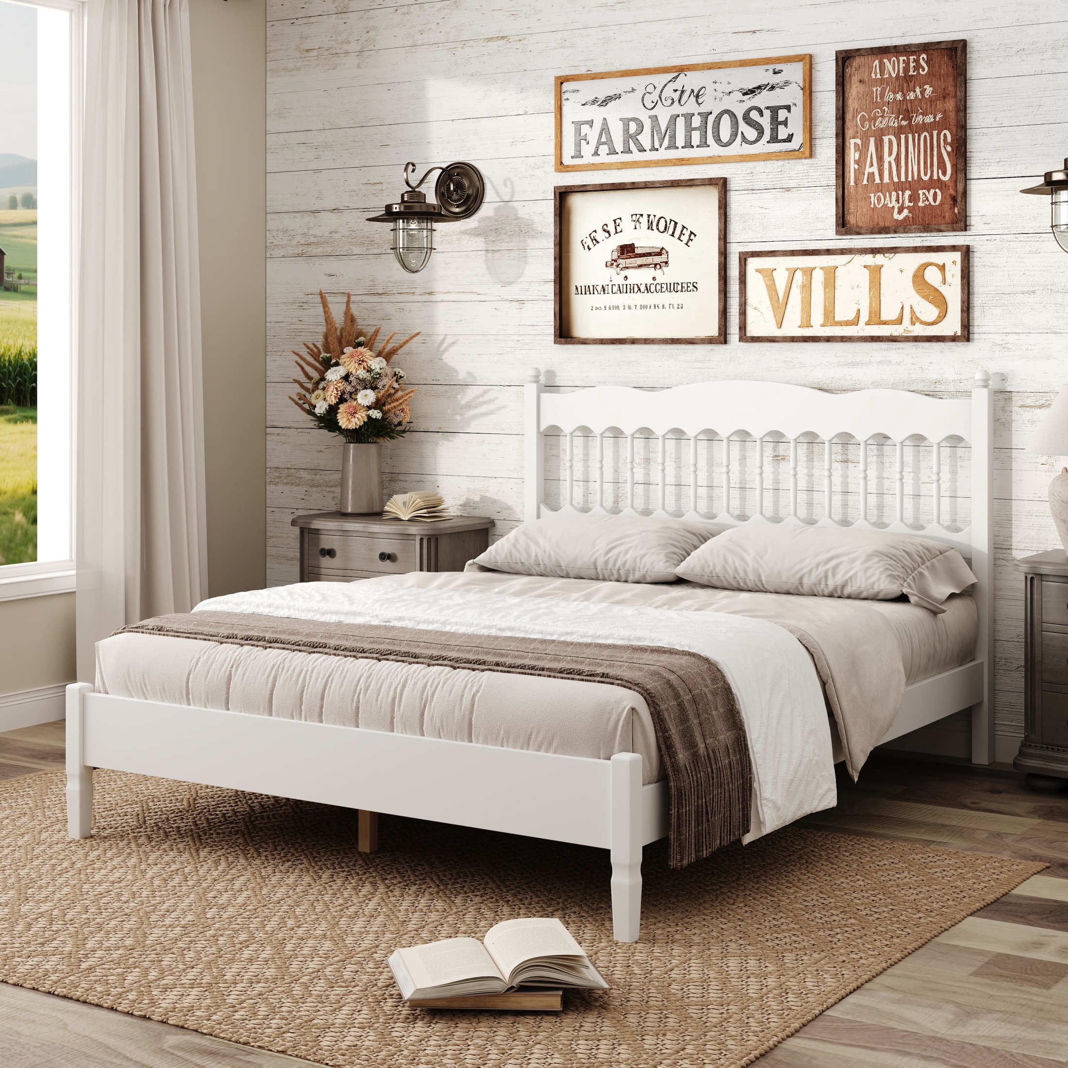 Noble House Onius Countryside Style Queen Size Wooden Bed Frame, Heavy-Duty Platform Bed with Center Support, White