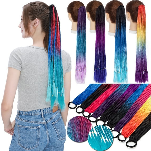 Benehair 12 Strands Twist Box Braids Ponytail Bright Pigtail Hair Extensions Dreadlocks Kanekalon Crochet Braids for Women 24" Black+Royal Blue+Sky Blue