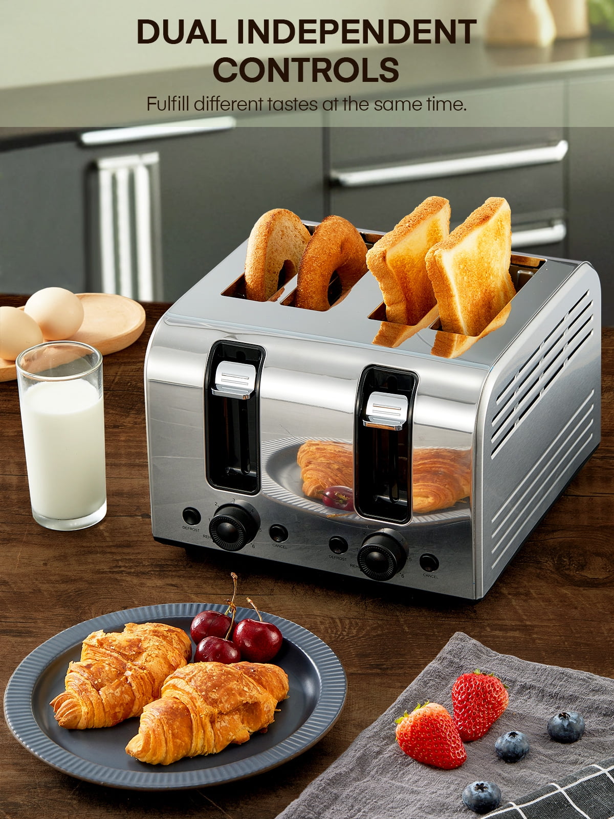 4 Slice Toaster, 1500W Extra-Wide Slot Toaster, for Bagel, Bread, Waffle, with 6 Shade Settings, Dual Independent Control Panel, Reheat/Defrost/Cancel Functions, Stainless Steel Sliver