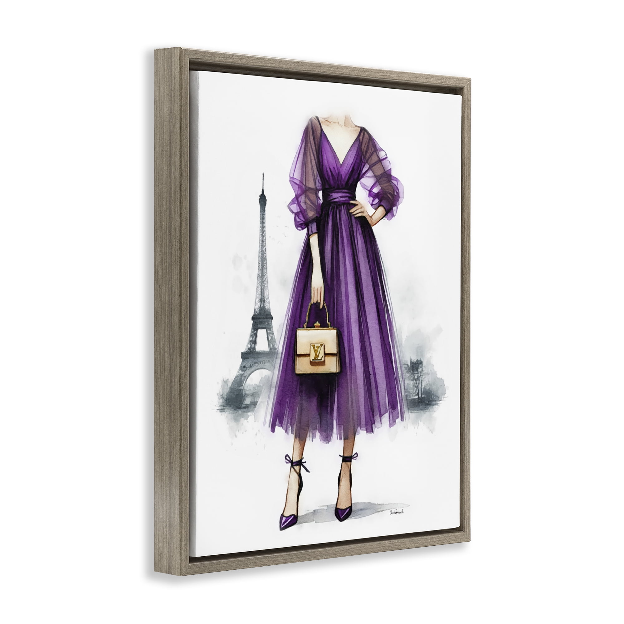 Stupell Industries Parisian Purple Dress Fashion Painting Brown Floater Framed Canvas Art Print Wall Art, 17 x 21