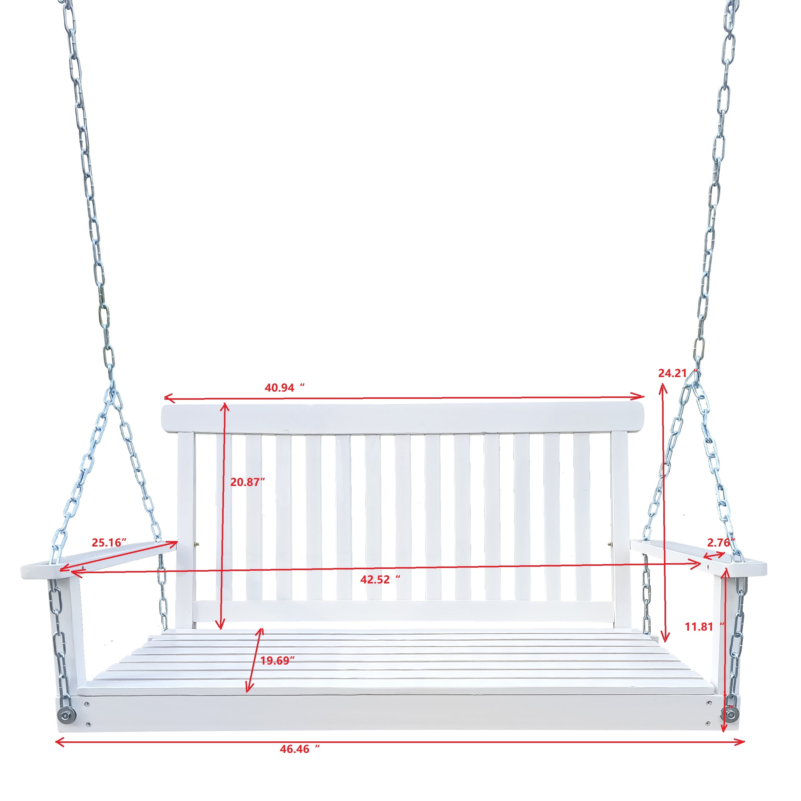 Hanging Porch Swing, Wooden Bench Swing with Armrests and Hanging Chains for Yard Garden Patio, White