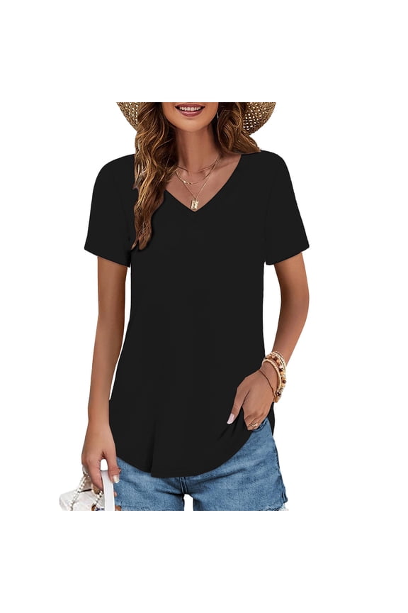 V Neck T Shirts for Women Short Sleeve Loose Fit Summer Tops Basic Tee Casual Plain Tshirt S-5XL Black