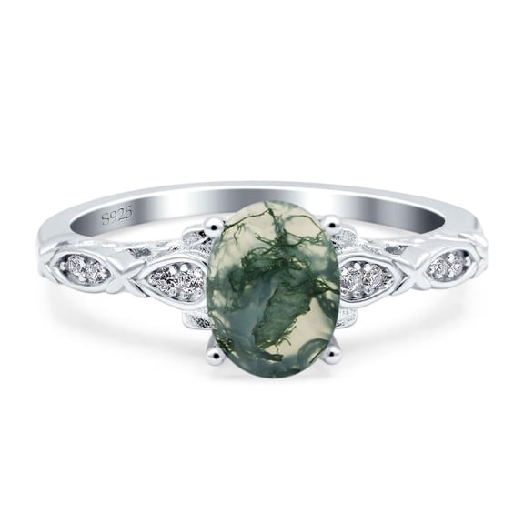 Natural Green Moss Agate Size-5 Art Deco Oval Vintage Rings Leaf Filigree Design CZ Wedding Engagement Ring For Women 925 Sterling Silver Gifts For Her