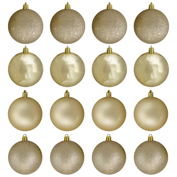 16ct Champagne Gold Shatterproof 4-Finish Christmas Ball Ornaments 3" (75mm)
