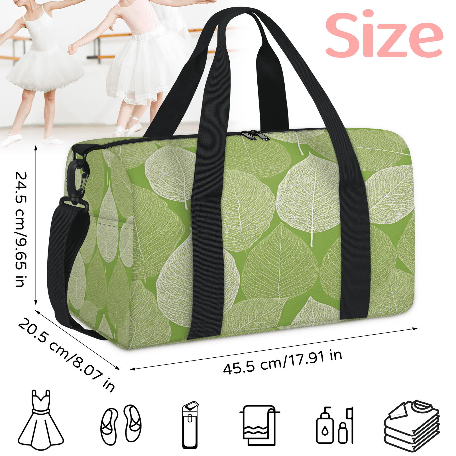 Herdesigns Leaf Travel Duffle Bag Sports Yoga Weekender Overnight Carry on Workout Bags Lightweight Waterproof Gym Tote Bag for Women Green Leaves