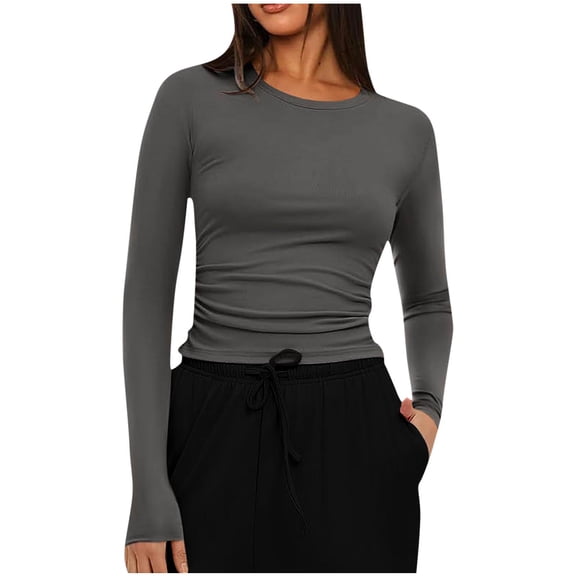 Vivianyo HD Women's Long Sleeve Fitted Crop Top, Ruched Side Crew Neck Pullover Blouse for Women Street Outing and Daily Errands, Sizes S-2XL