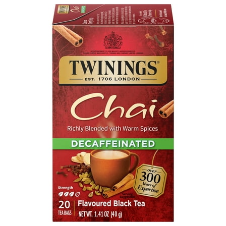 Twinings Chai Decaffeinated Spiced Black Tea Bags, 20 Count Box