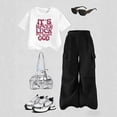 thumbnail image 2 of Ulanda Girls Clothes 2-Piece Bow Crew-Neck Top & Cargo Pants, Trendy Party/Casual Outfit for Girls 7-12Y (Dark Gray, 7-8 Years), 2 of 4