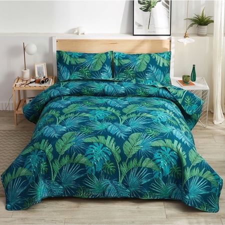 Beartech Rainforest Quilt Set Queen Size Leaves Quilt Lightweight Microfiber Bedspread Cabin Bedding Set