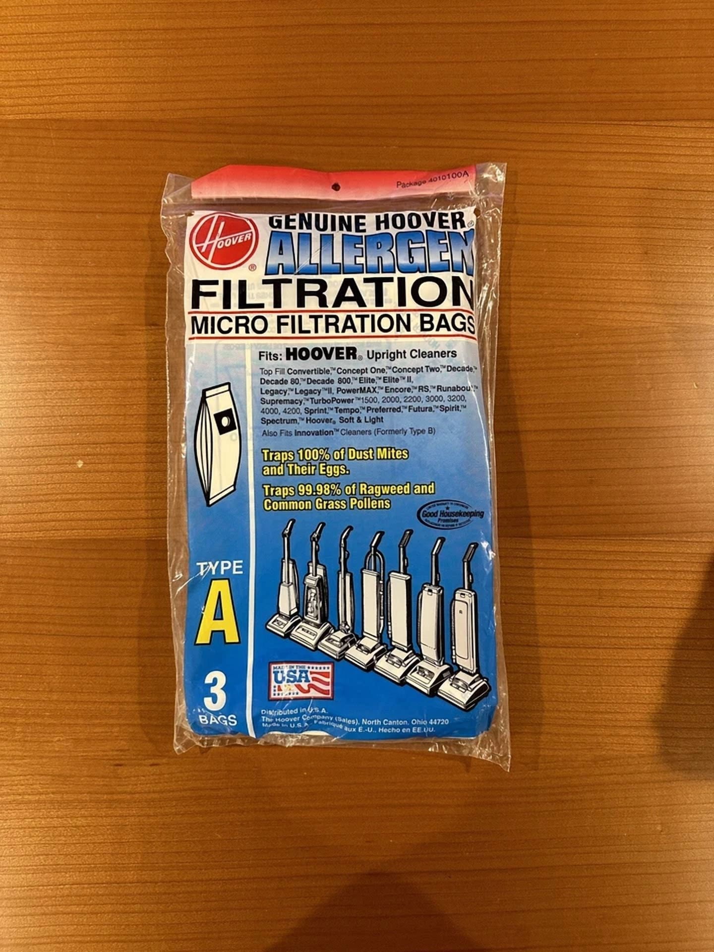 Genuine Hoover Type A Bags Allergen Filtration Fits Upright Cleaners. 3 Pack Nos
