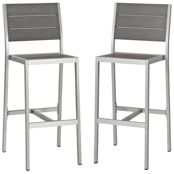 Modern Contemporary Urban Outdoor Patio Balcony Garden Furniture Bar Side Stool Chair Set, Set of Two, Aluminum Metal Steel, Grey Gray