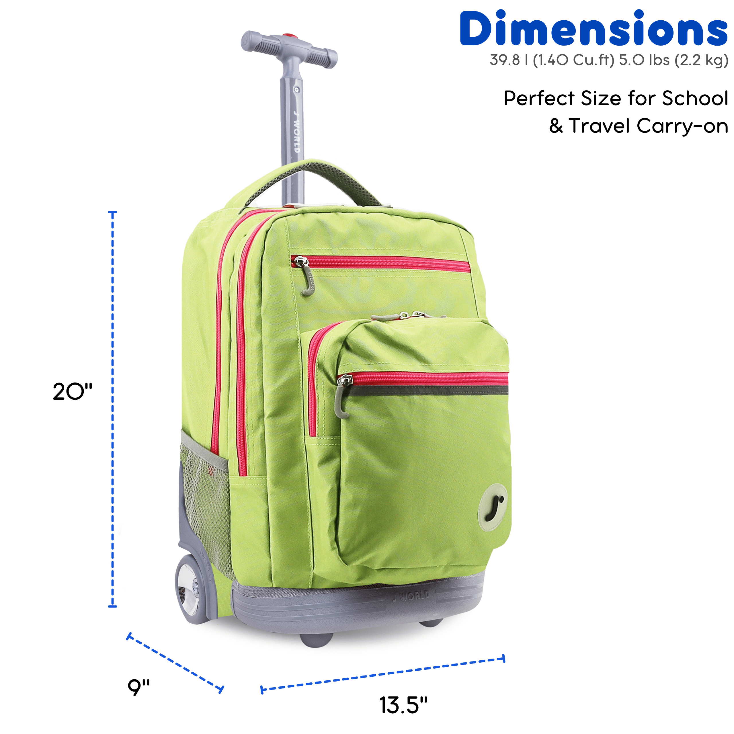 J World Unisex Sundance 20" Rolling Backpack with Laptop Sleeve for School and Travel, Celery