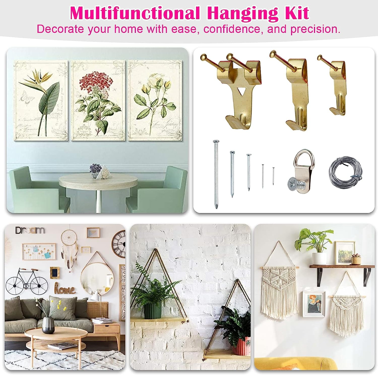 TOYIEW Picture Hanging Kit for Woman, 315pcs Hanging Hardware with Hooks, Wire, Nails, D-Ring, Wall Hanging Kit with Hangers, Magnetic Level and Small Pink Claw Hammer, DIY Tool Set for Home Decor