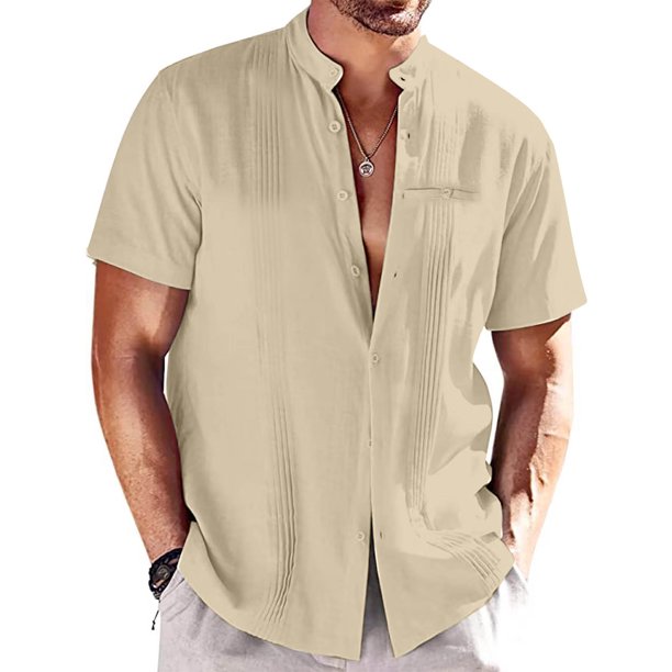 Blusa de Manga Corta Arrugada Botones Sólidos, Casual Stand-Up Cuello de los Hombres Camiseta, Poliéster Spandex Moda Superior