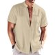 thumbnail image 1 of Blusa de Manga Corta Arrugada Botones Sólidos, Casual Stand-Up Cuello de los Hombres Camiseta, Poliéster Spandex Moda Superior, 1 of 6