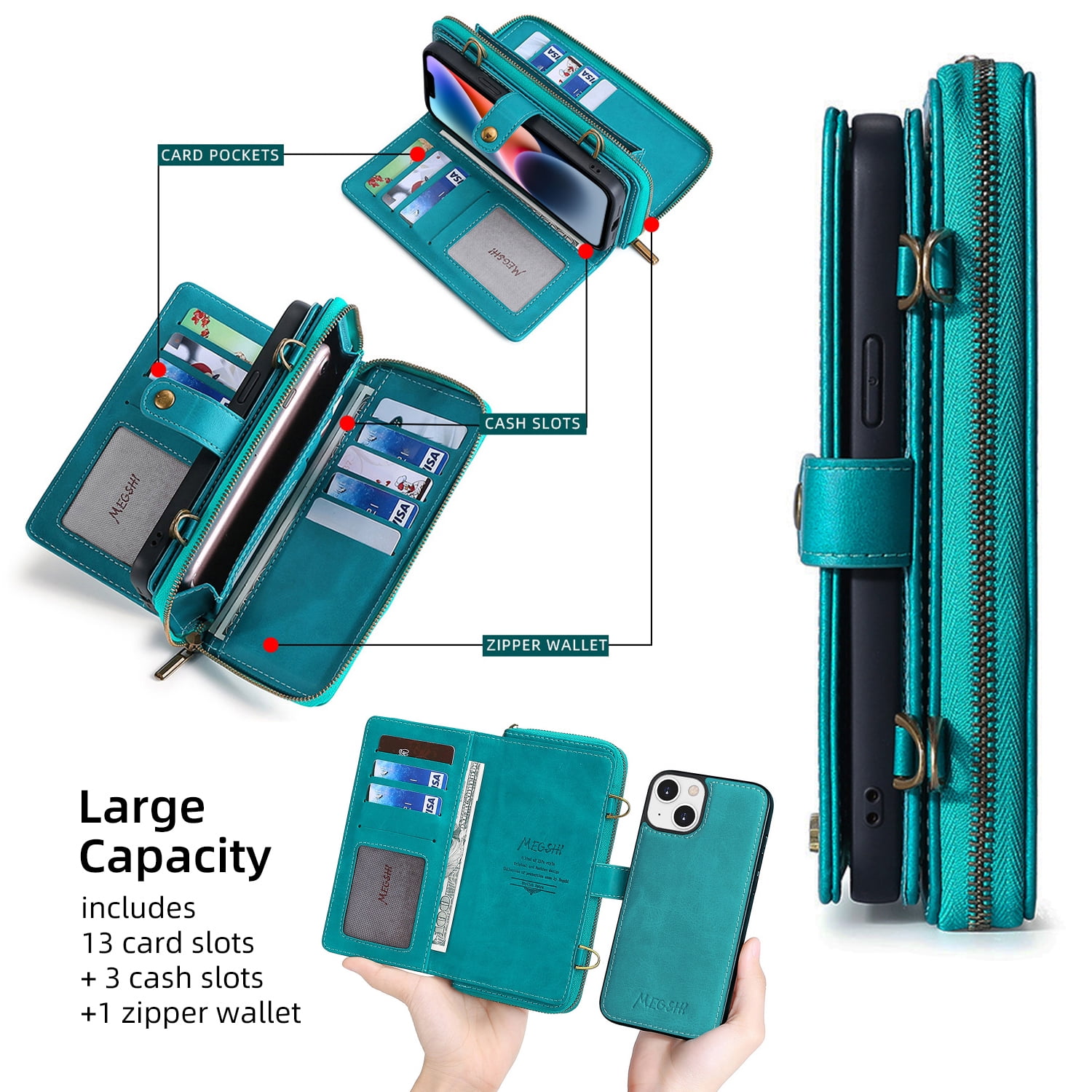 ELEHOLD Flip Wallet Case for iPhone 14 PU Leather Purse Case with Large Capacity 13 Card Slots Zipper Pocket Kickstand Magnetic Detachable Case Cross Body Shoulder Strap Shockproof Protective,Blue