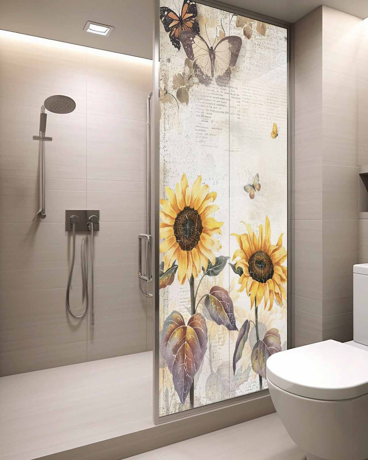 Window Privacy Film Sunflower Stained Glass Window Film Decorative Sun Block Window Cover Farmhouse Plant Retro Butterfly Yellow Floral Window Clings Static Adhesive Sticker for Bathroom 29.5"x78.7"
