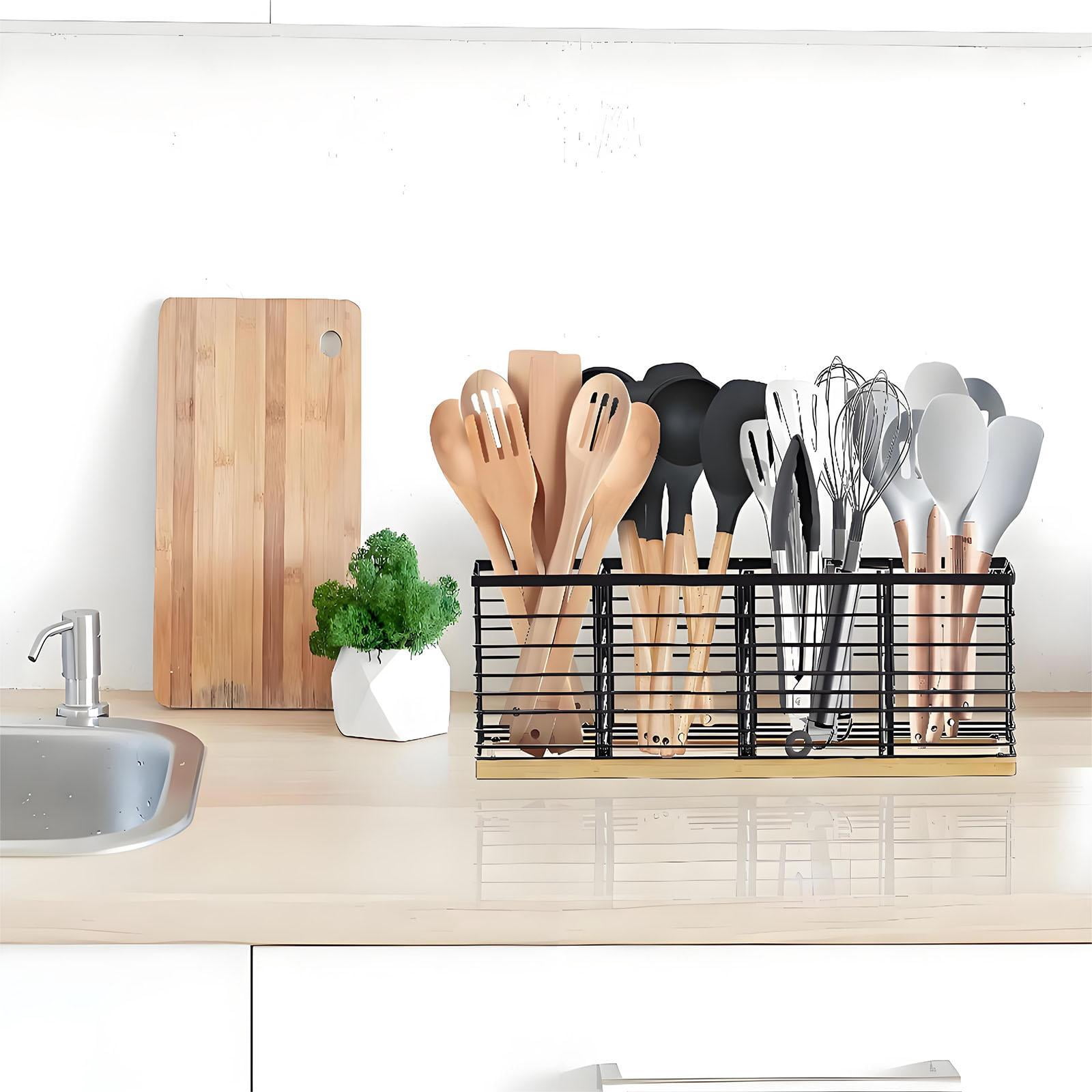 Pinovk Extra Large Kitchen Utensil Holder with 4 Compartments – Matte Black Metal & Wooden Base, Farmhouse Style Countertop Organizer for Spoons, Spatulas, Ladles
