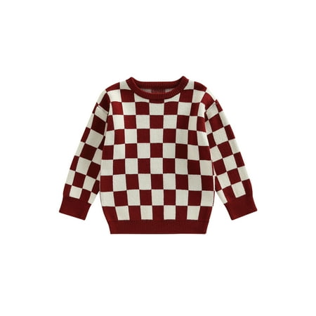 

Amuver Kids Baby Knit Sweaters Long Sleeve Round Neck Checkerboard Print Pullover Tops