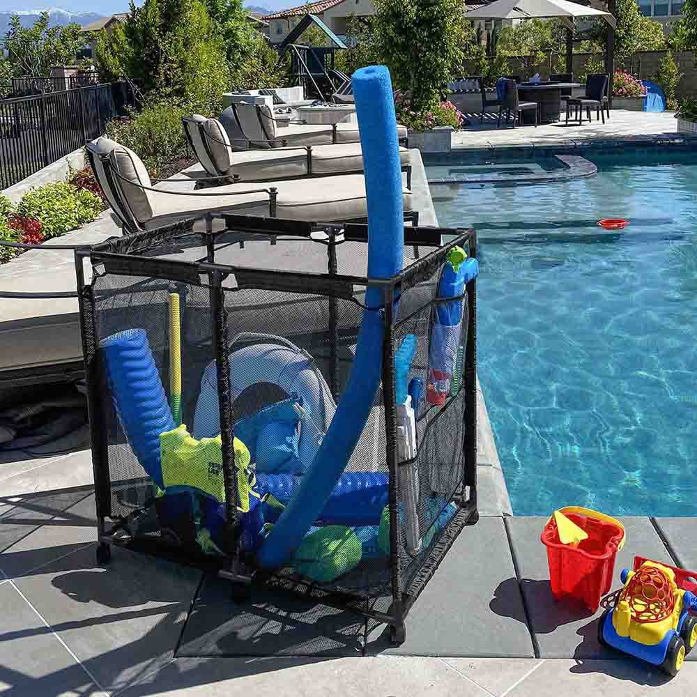 Yescom 37" Compact Rolling Pool Toy Storage Bin – Space-Saving Mesh Organizer with Side Pockets, Breathable Quick-Dry Fabric, and Locking Wheels in Blue
