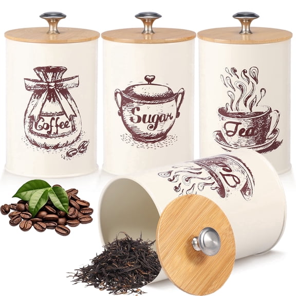 Fkszll 3Pcs Food Storage Canister Set, Airtight Vintage Coffee Sugar Canisters Set, Coffee Sugar Tea Storage Container Jar with Wooden Lid for Kitchen, 25 oz