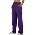 thumbnail image 4 of Casual Pants for Women Loose Fit Straight Leg Mid Elastic Waist Polyester Pants with Pockets ,Purple, 4 of 6
