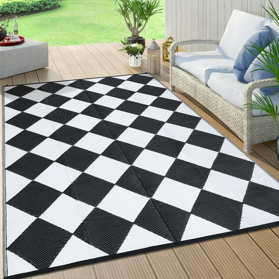 ZACOO Outdoor Reversible Mats Geometric Plastic Straw Rug Waterproof 9x12 Feet Reversible Patio Rug Outdoor Camping Rug for Beach, Black/White