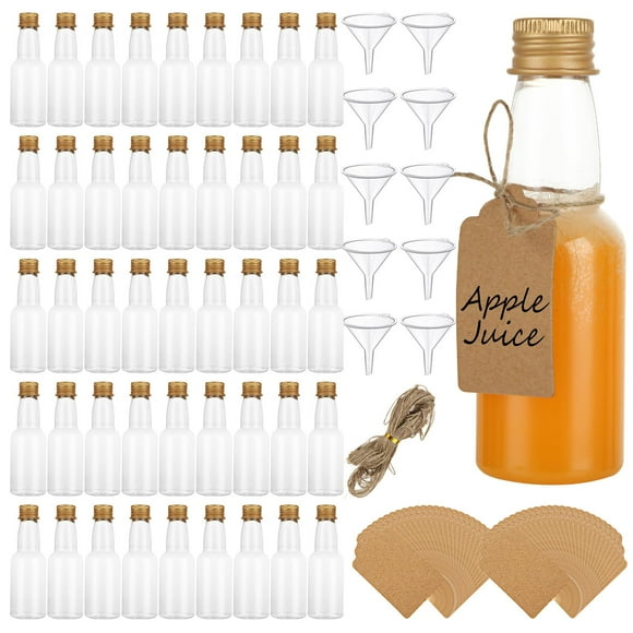100 Pcs Mini Liquor Bottles 2oz Mini Alcohol Bottles Plastic Shot Bottles With Caps, 60ml Small Spirit Bottles Mini Olive Oil Bottles for Party Favors Wedding (10 Funnels+100 Kraft Tags