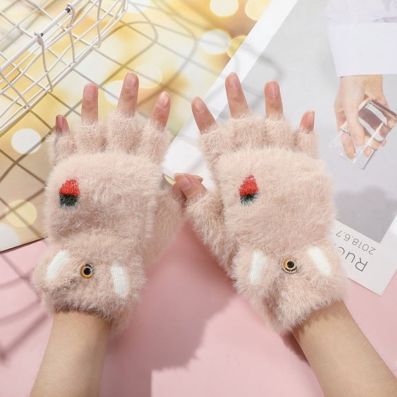 VONCOS Women's Cute Fingerless Gloves, Fluffy Nylon Spandex, Warm for Typing/Texting, Beige, Free Size, Animal-Inspired Design