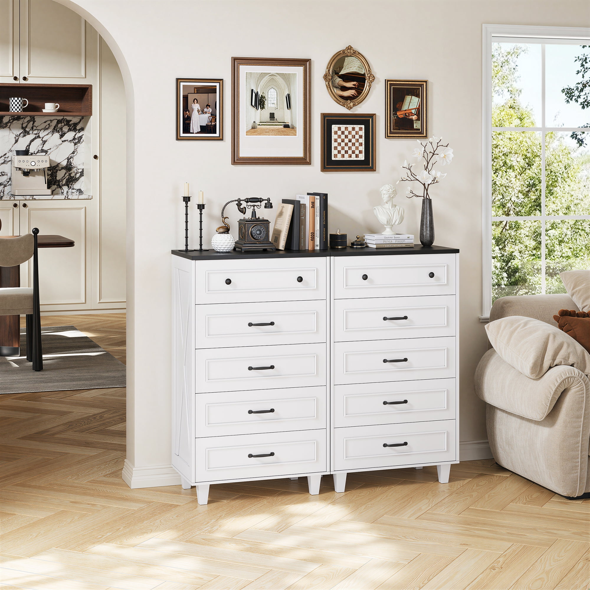 MARNUR 5 Drawer Dresser for Bedroom, Classic Farmhouse Tall Chest of Drawers, Storage Cabinet for Living Room Entryway, White & Black