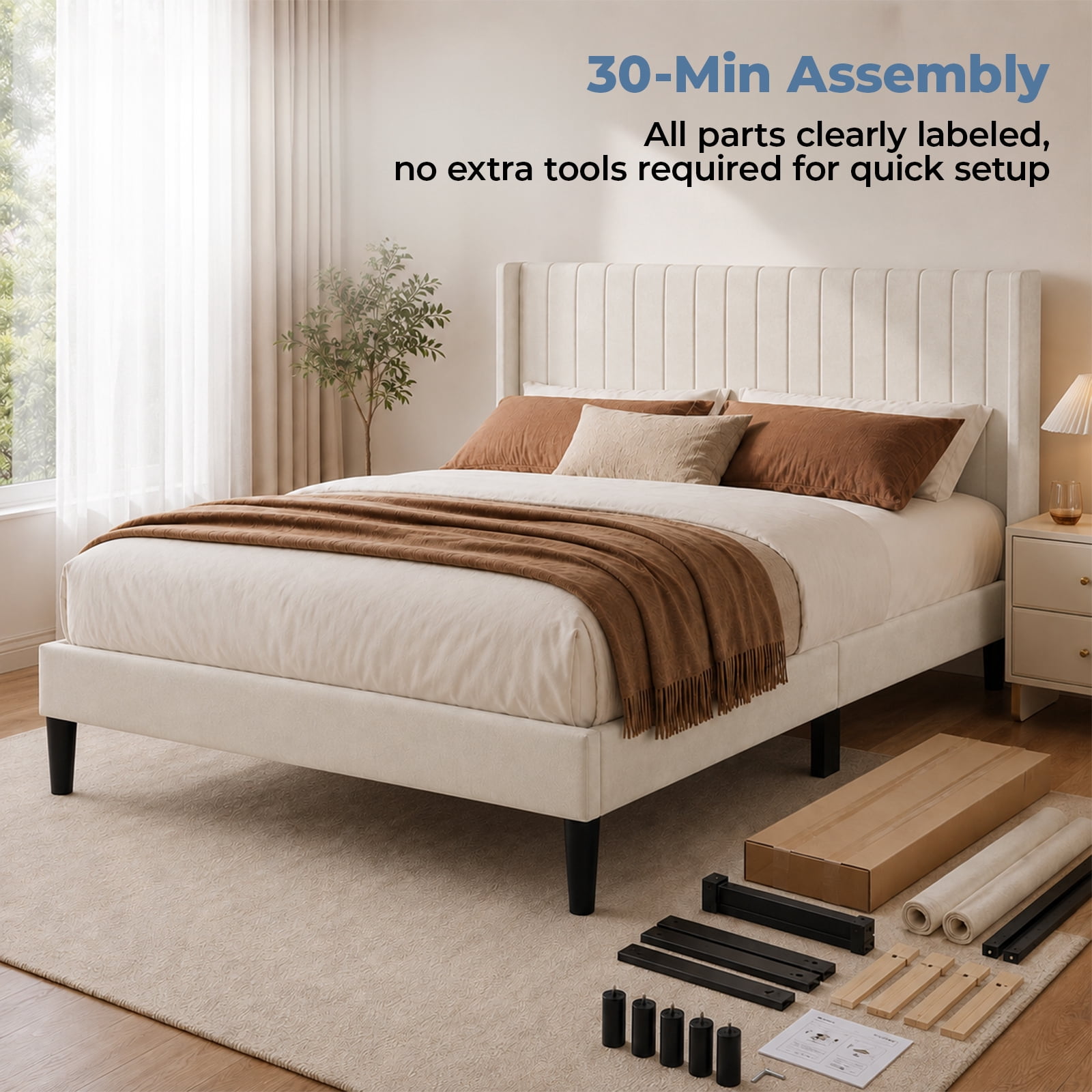Alvantor Upholstered Bed Frame, Fabric-covered Wing-shaped Headboard and Wooden Crossbars, Bed Frame with Storage Space, Easy Assembly, Noise Free, No Box Spring Needed