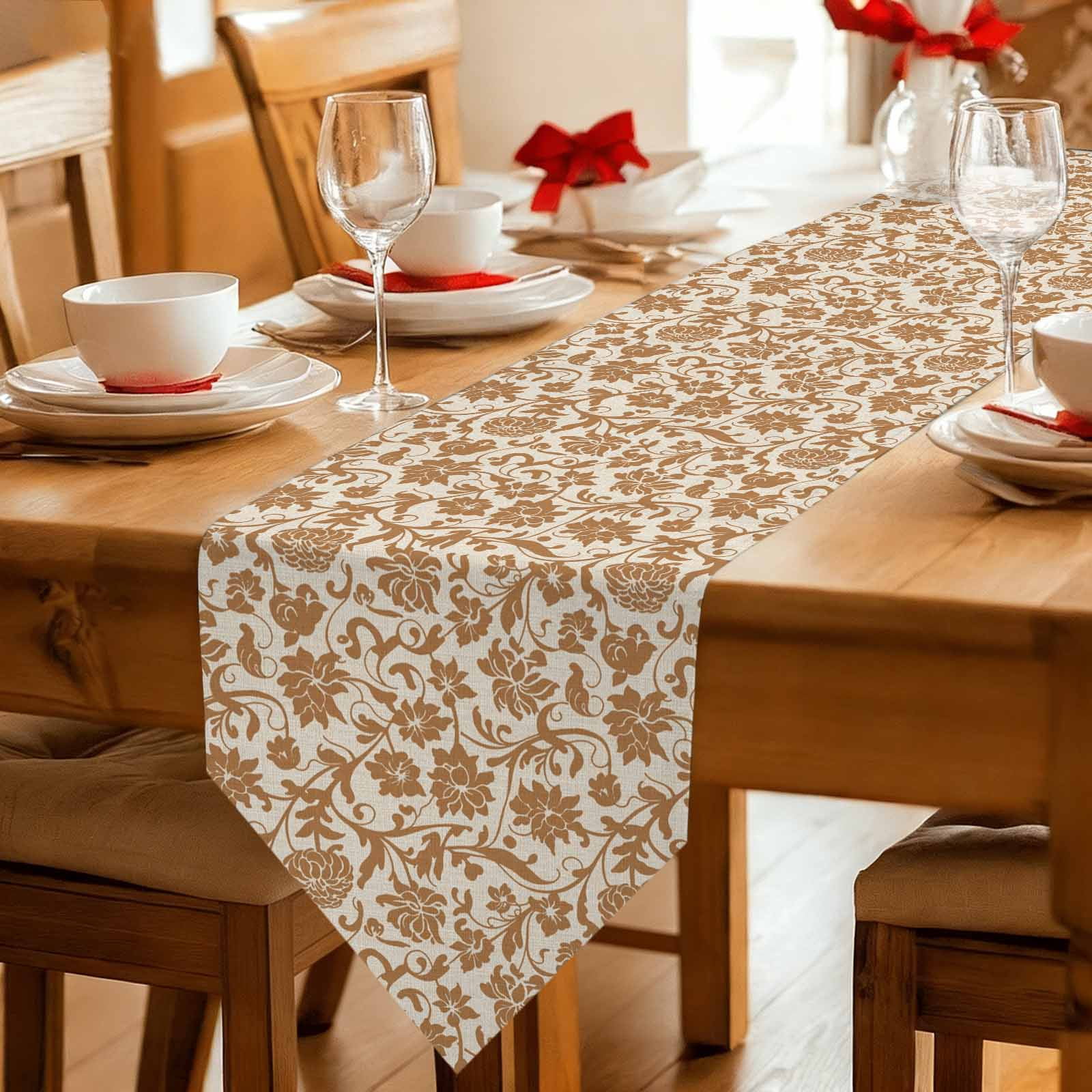 Brown Floral Table Runner Linen Burlap Table Runner 60 Inches Long Vintage Rustic Flowers Botanical Spring Dresser Scarves for Kitchen Island Coffee Dining Party Wedding Banquet Holiday Decor 13"x60"