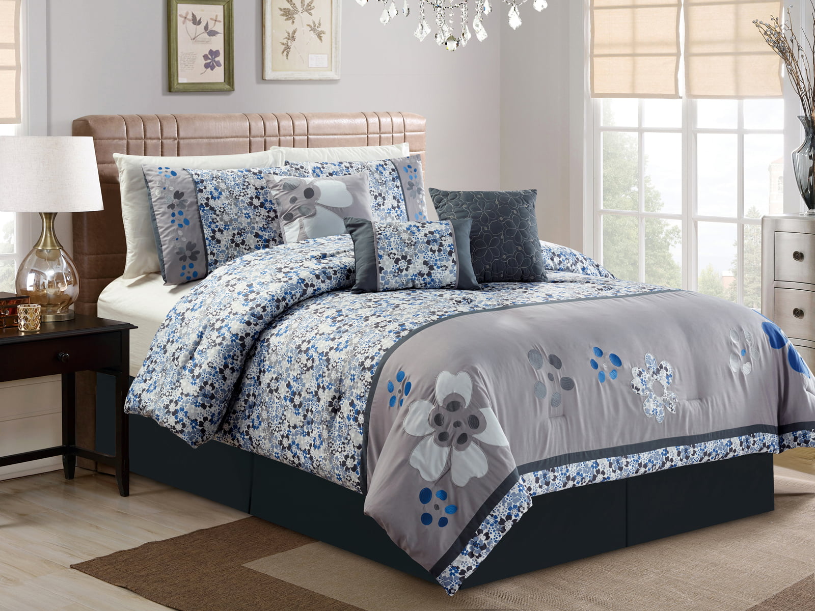 11Pc Francis Applique Floral Embroidery Flocking Comforter Curtain Set Navy Blue Gray OffWhite