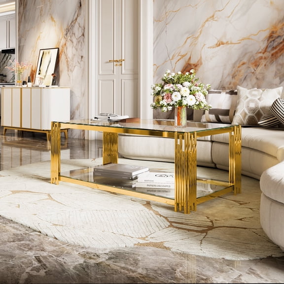 Oufan Luxury 47.5" Coffee Table, Tempered Glass Center Table with Lower Shelf & Asymmetrical Metal Frame, Rectangular Cocktail Table for Living Room