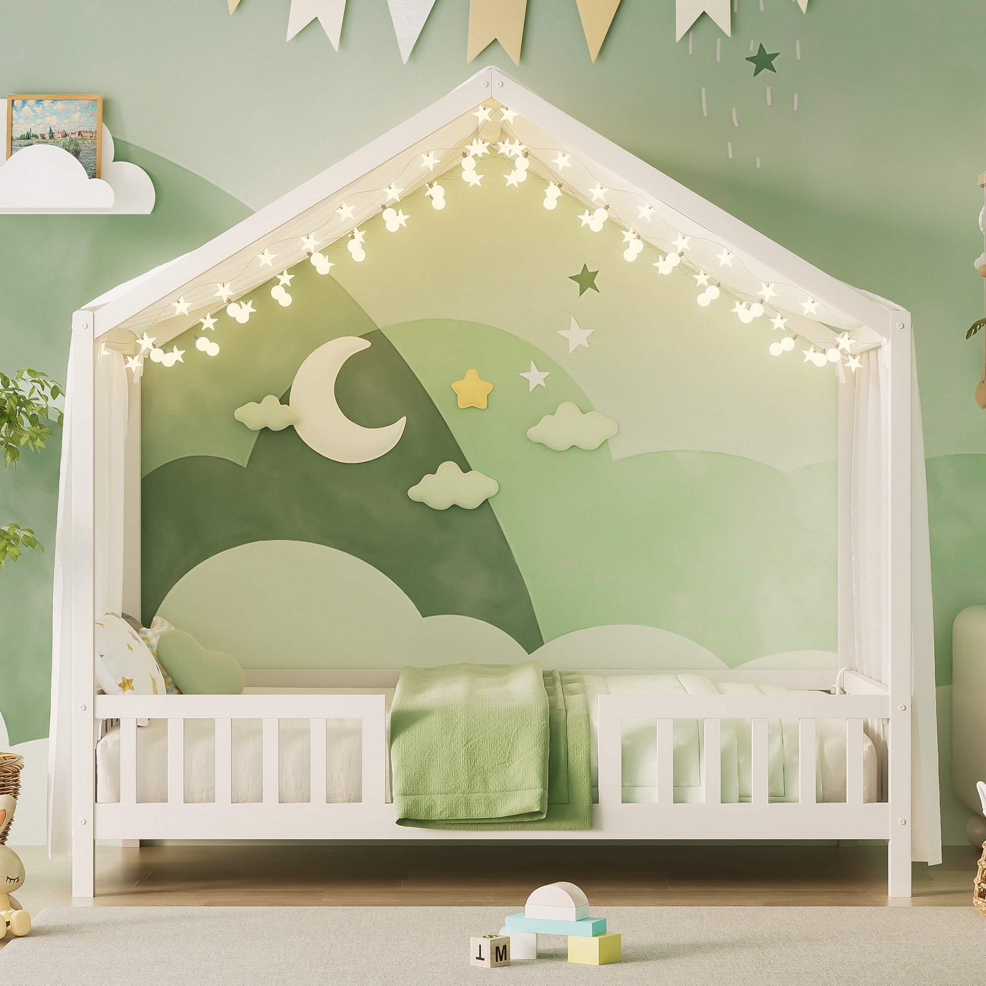 Harper & Bright Designs Montessori Floor Bed with Canopy and Roof, Twin Wood House Shape Bed Frame with Railings for Girls Boys Bedroom, White