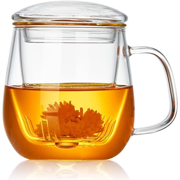 Large Glass Tea Cup with Infuser and Lid – 17.6oz Borosilicate Clear Teacup for Loose Leaf Tea, Blooming Tea – Microwave & Dishwasher Safe Tea Maker Mug Gift