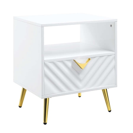 End Table with Storage Drawer and Open Shelf White High Gloss MDF Wood and Metal Legs Modern Rectangle Side Table for Living Room 16 L x 11 W x 5 H Drawer Sophisticated Style