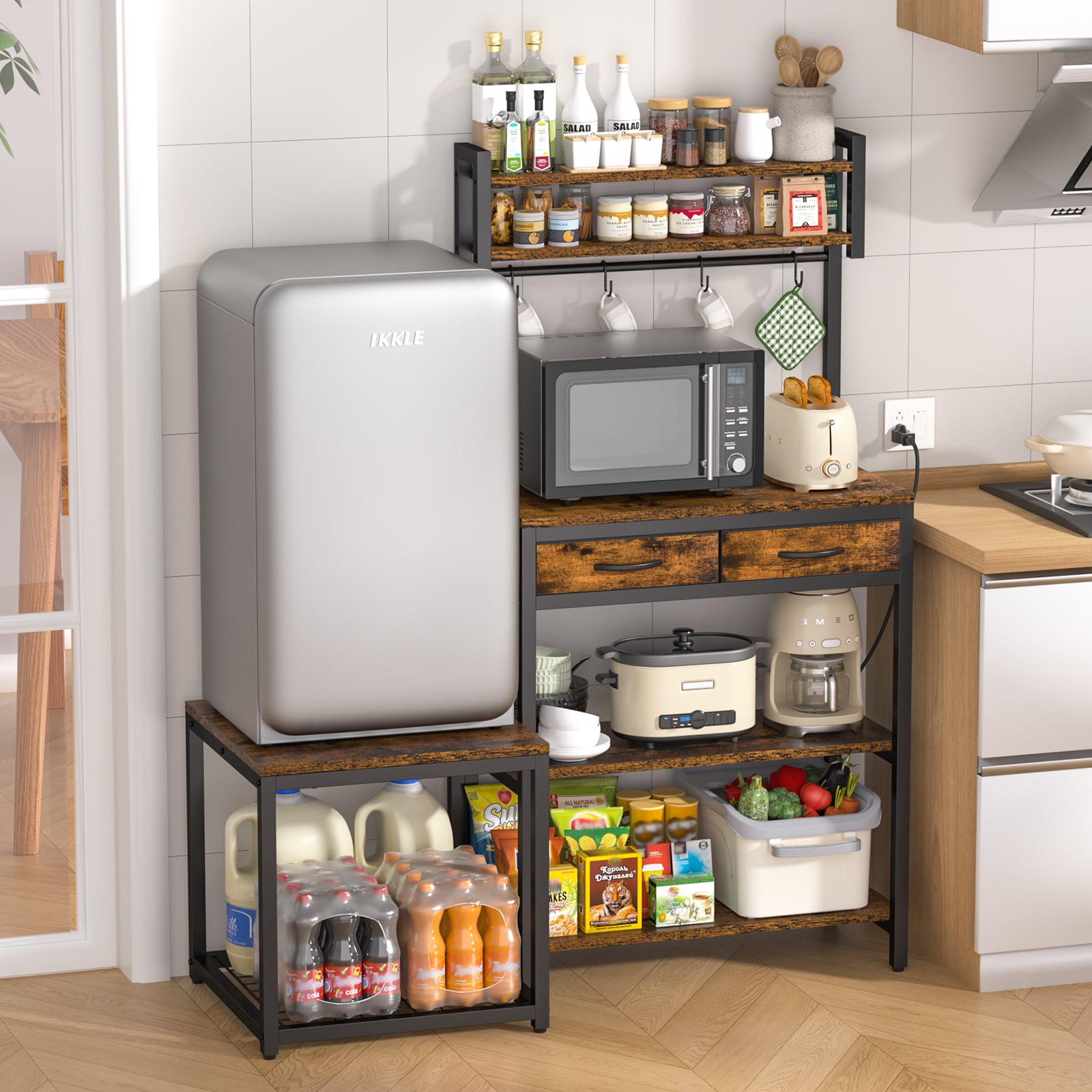 Baker's Rack with Power Strip and Mini Fridge Stand, Coffee Bar Storage Shelf with Side Table