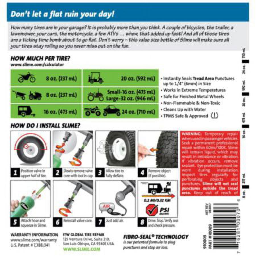 Slime Tire Sealant, 32 Oz Squeeze Bottle – #10009, For Tubeless Tires (ATV, Bike, Auto, Trailer)