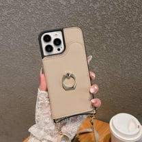 Nalacover Back Flip Case for iPhone 13 6.1 inch,Wallet Case with Detachable Shoulder Strap,Shockproof Luxury PU Leather Credit Card Slots Finger Ring Kickstand Crossbody Phone Case,Khaki