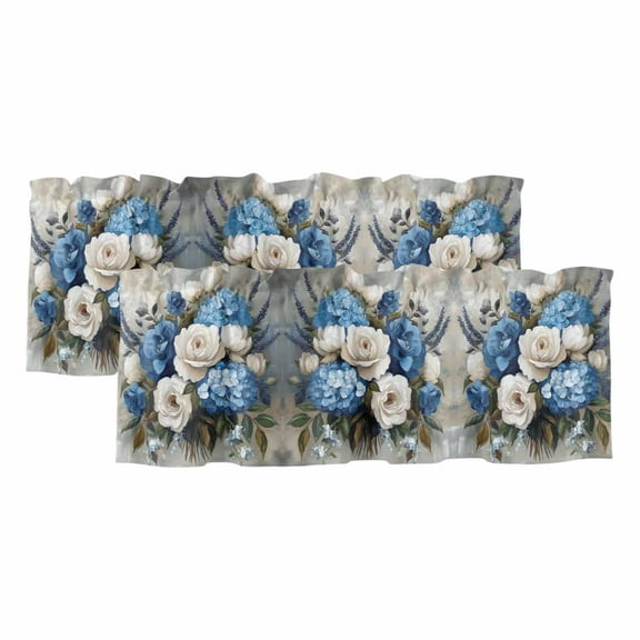 2 Pack Vintage Floral Valance for Window White Blue Rose Hydrangea Leaf Oil Painting Kitchen Valance Rod Pocket Short Curtain Topper Decorative Window Treatment for Living Room Bedroom 42"x18"