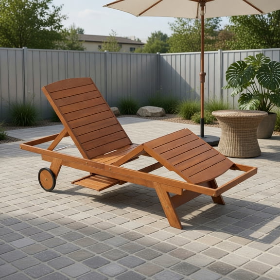 Natural Wood Outdoor Chaise Lounge Chair with 4-Position Reclining Backrest, Smooth-Rolling Wheels & Extendable Side Table for Patio, Deck, Poolside & Garden