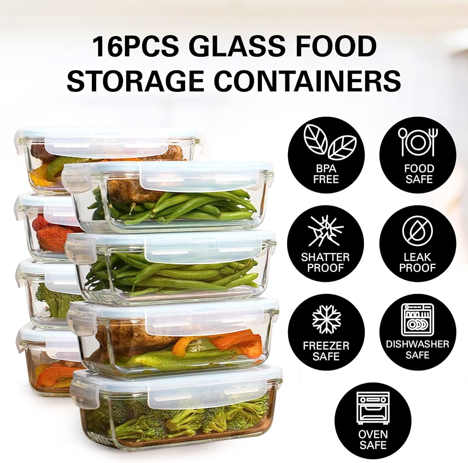 Razab Glass Food Storage Containers with Lids 30 Oz 16 Pc (Set of 8) Airtight Large Reusable Leak Proof BPA Free Food Prep Containers Freezer to Oven Safe