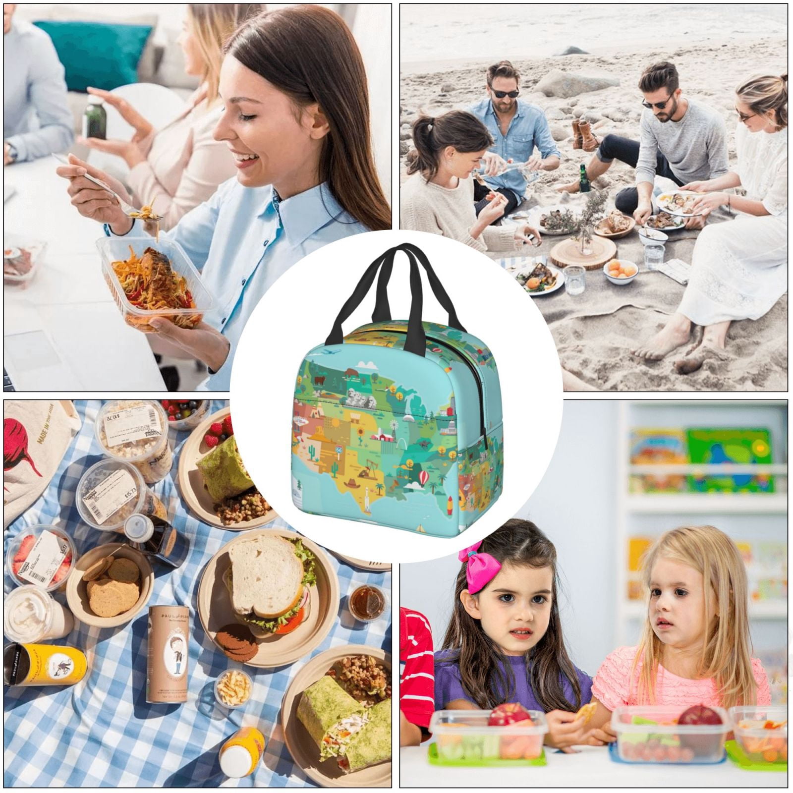 Naloa USA Tourist Map Print Lunch Box for Women Men,Insulated Lunch Bag,Lunchbox,Thermal Leakproof Cooler,Reusable Lunch Tote Bag for Work School Travel Picnic