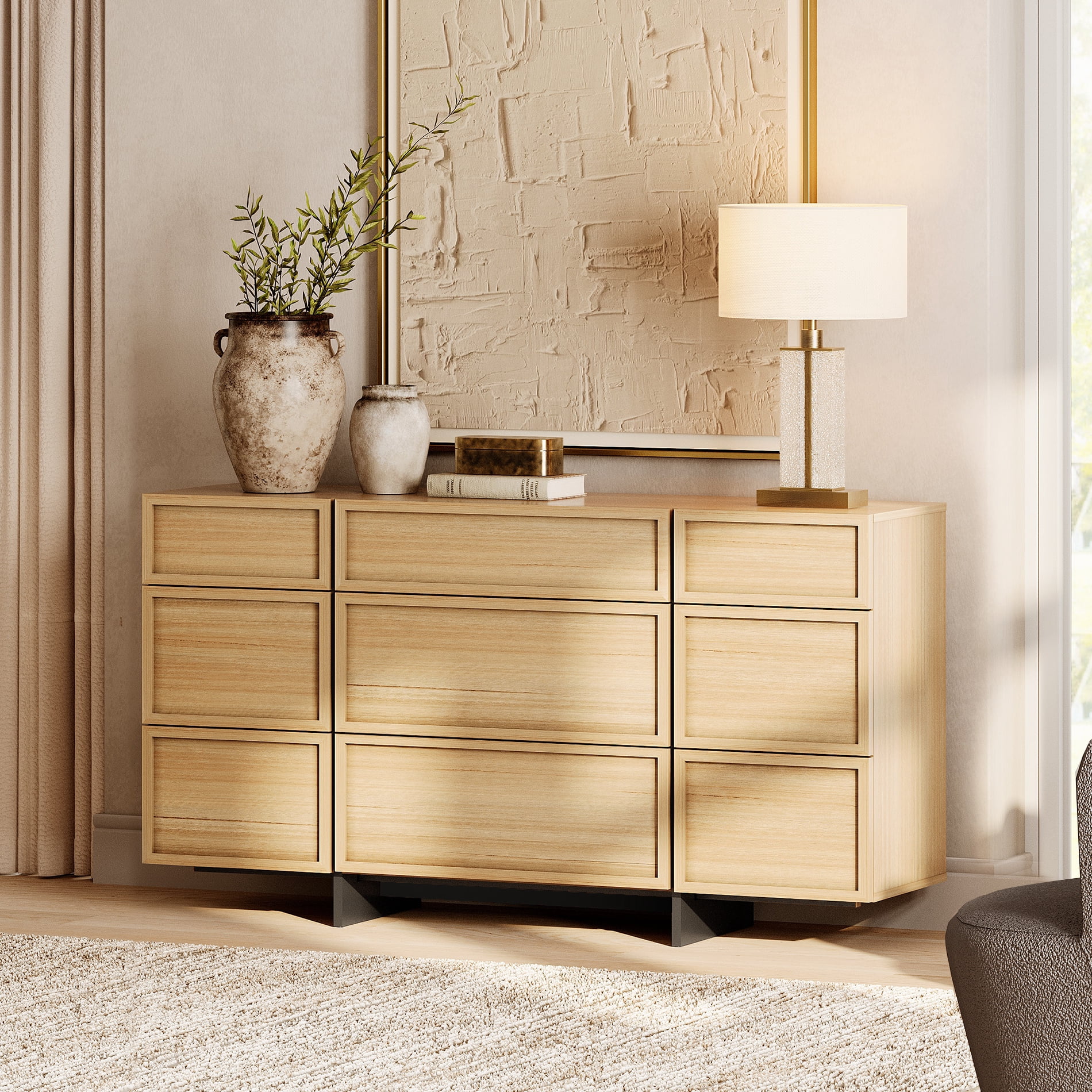 WAMPAT Modern 9-Drawer Wooden Dresser with Sturdy T-Shaped Wood Legs, Chest of Drawers & Closet Organizer for Bedroom, Hallway & Living Room Storage