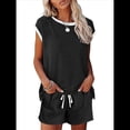 thumbnail image 3 of Conjunto de Pijama para Mujer, 2 Piezas, para Estar en Casa, con Camiseta de Corta y Pantalones Cortos, Ropa de Dormir Suave Negro XL, 3 of 7