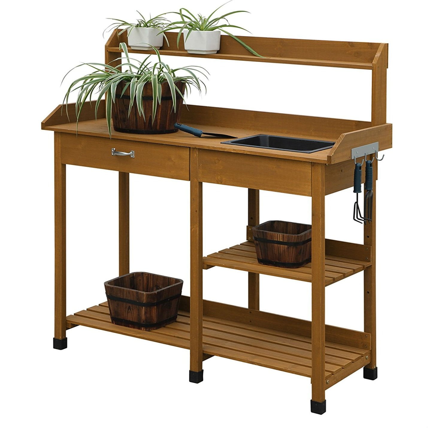 Outdoor Garden Wood Potting Bench Work Table with Sink in Light Oak